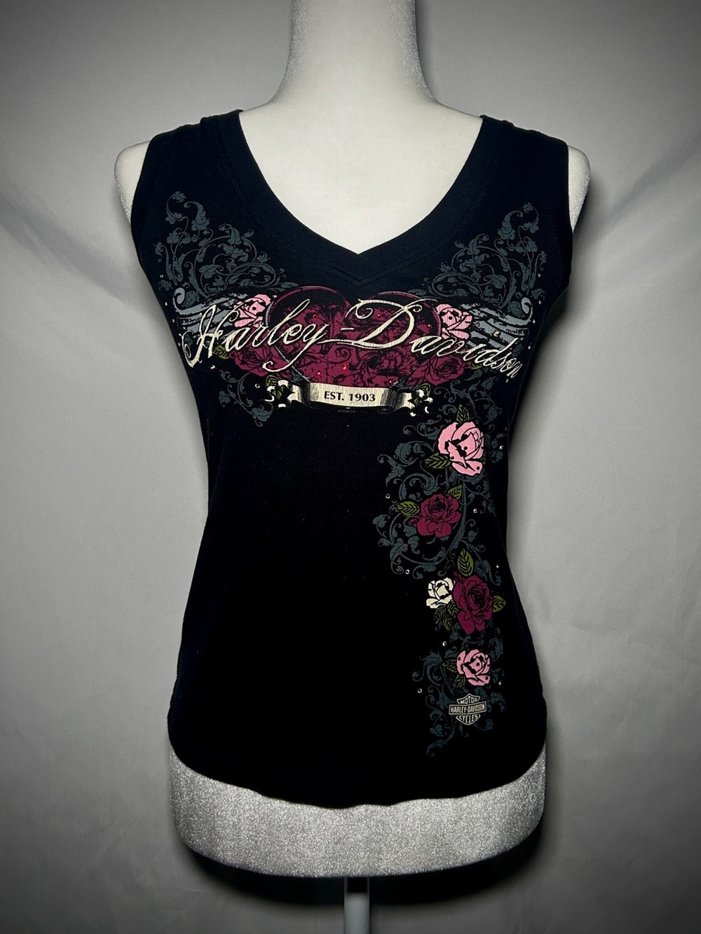 Harley-Davidson Black Tank with Pink Rose and Script Graphic